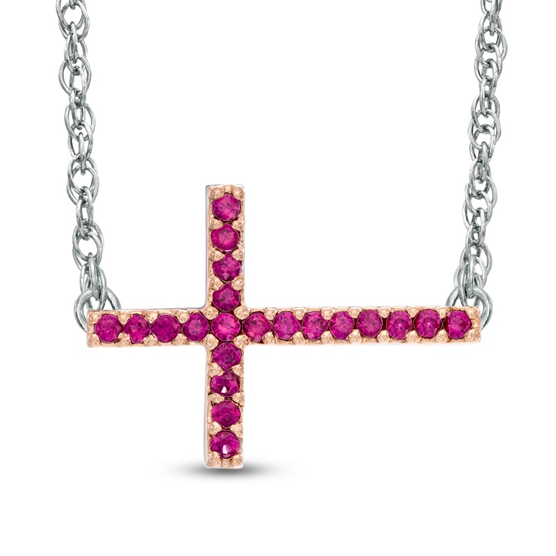 Lab-Created Ruby Sideways Cross Necklace in Sterling Silver|Peoples Jewellers