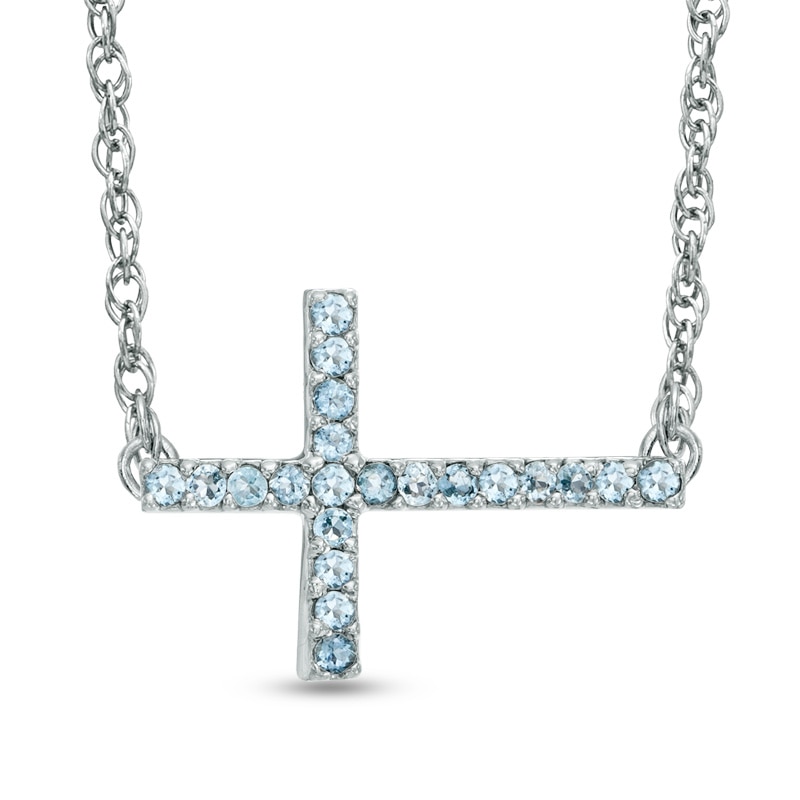 Aquamarine Sideways Cross Necklace in Sterling Silver