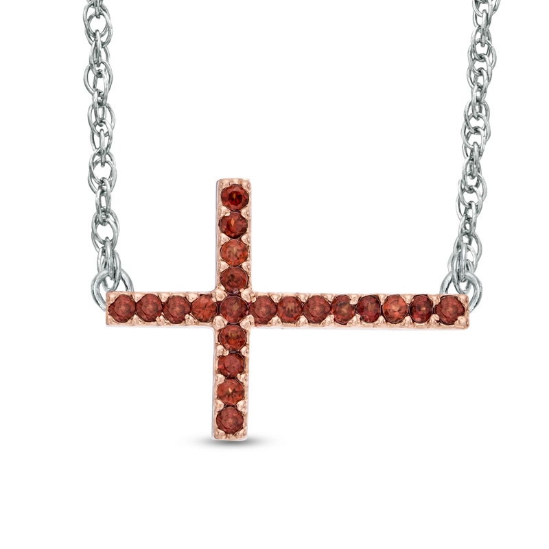 Garnet Sideways Cross Necklace in Sterling Silver|Peoples Jewellers