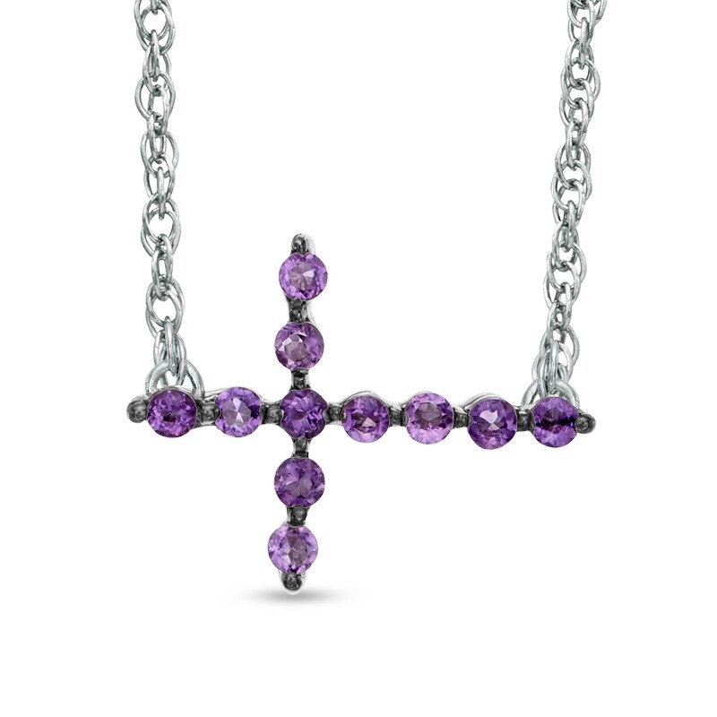 Main Image 1 of Amethyst Sideways Cross Necklace in Sterling Silver