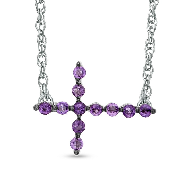 Amethyst Sideways Cross Necklace in Sterling Silver