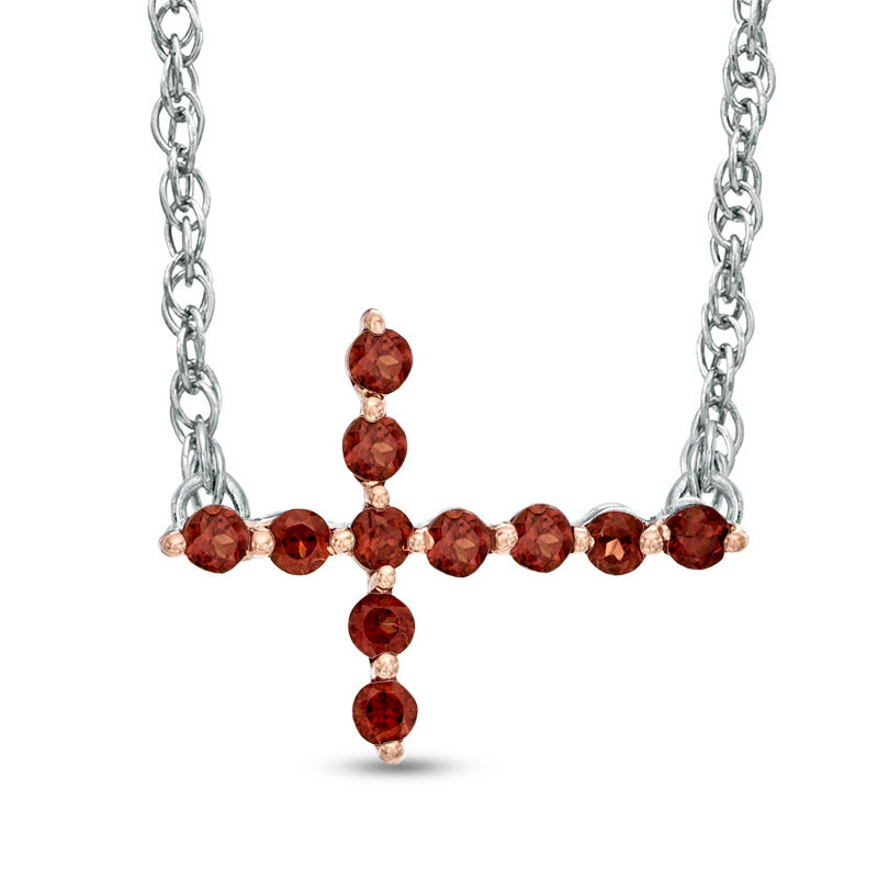Main Image 1 of Garnet Sideways Cross Necklace in Sterling Silver