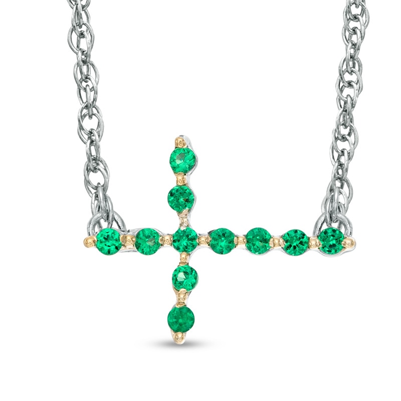 Lab-Created Emerald Sideways Cross Necklace in Sterling Silver|Peoples Jewellers