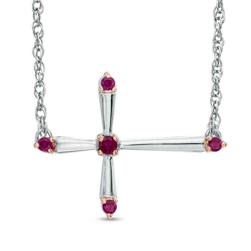 Lab-Created Ruby Sideways Cross Necklace in Sterling Silver|Peoples Jewellers