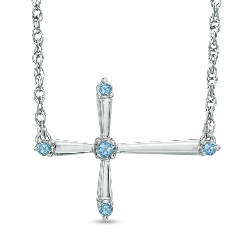 Main Image 1 of Aquamarine Sideways Cross Necklace in Sterling Silver