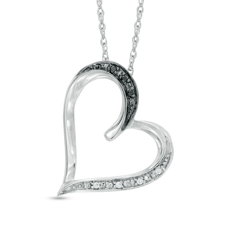 Black and White Diamond Accent Tilted Heart Pendant in Sterling Silver