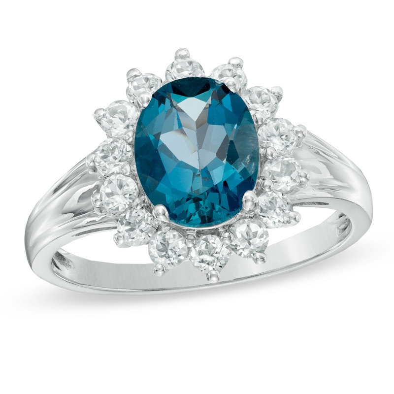 8.0mm Oval London Blue Topaz and Lab-Created White Sapphire Ring in Sterling Silver