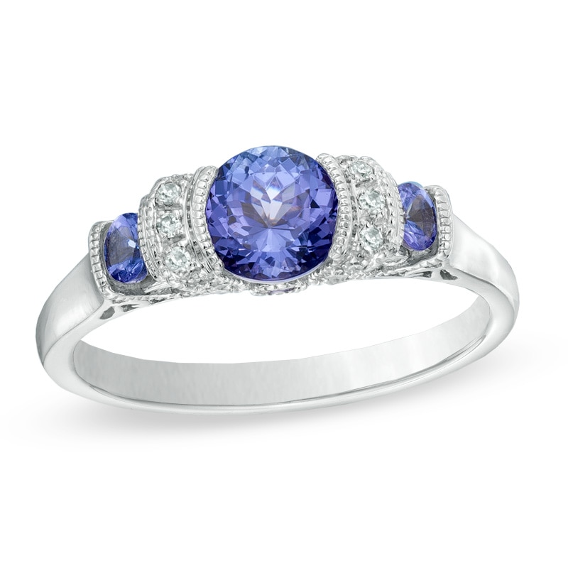 Main Image 1 of 6.0mm Tanzanite and Diamond Accent Three Stone Collar Scroll Ring in 10K White Gold