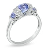 Thumbnail Image 2 of 6.0mm Tanzanite and Diamond Accent Three Stone Collar Scroll Ring in 10K White Gold