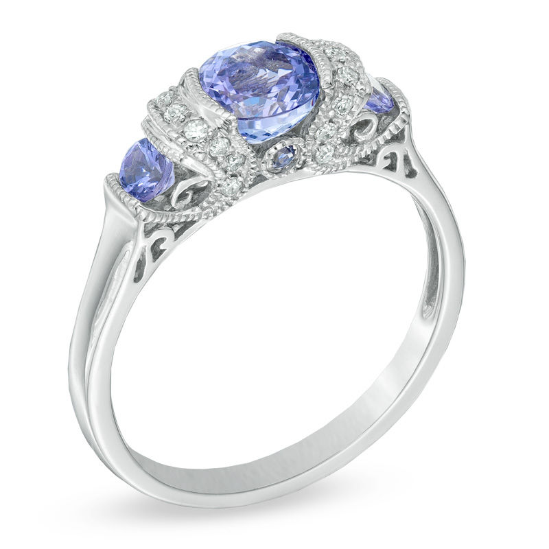 6.0mm Tanzanite and Diamond Accent Three Stone Collar Scroll Ring 10K White Gold