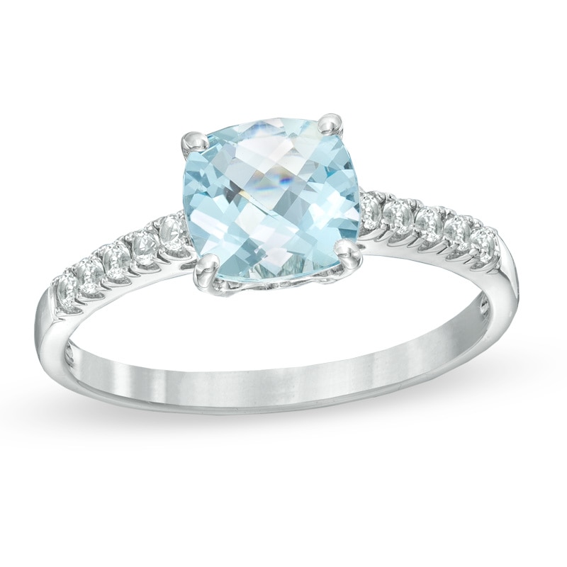 7.0mm Cushion-Cut Aquamarine and Lab-Created White Sapphire Ring in Sterling Silver