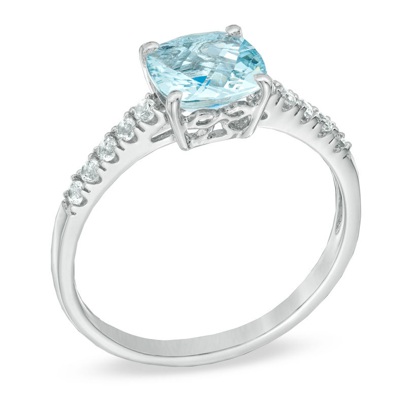 7.0mm Cushion-Cut Aquamarine and Lab-Created White Sapphire Ring Sterling Silver