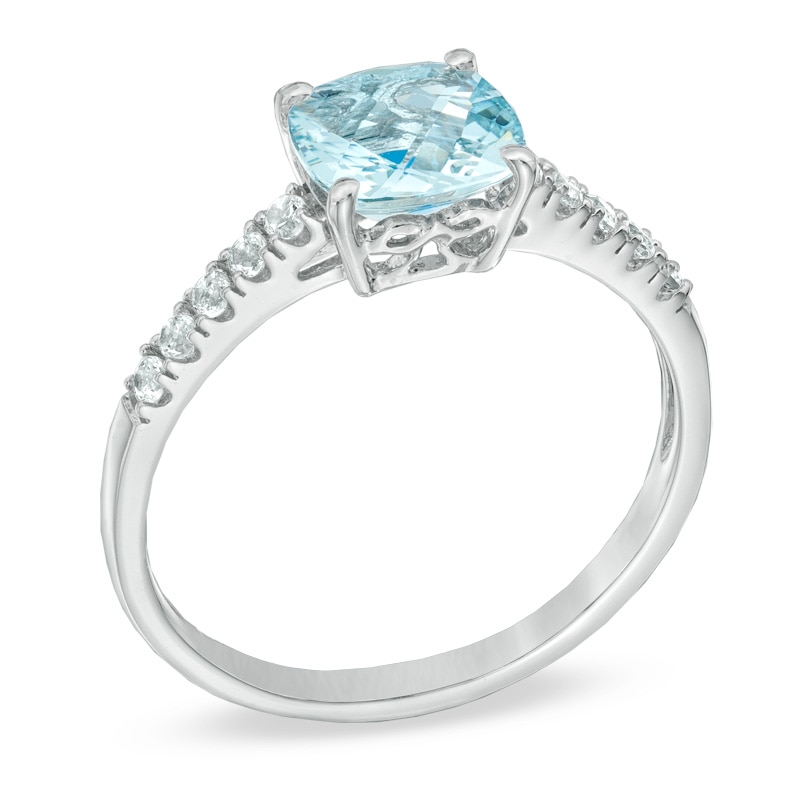 7.0mm Cushion-Cut Aquamarine and Lab-Created White Sapphire Ring in Sterling Silver