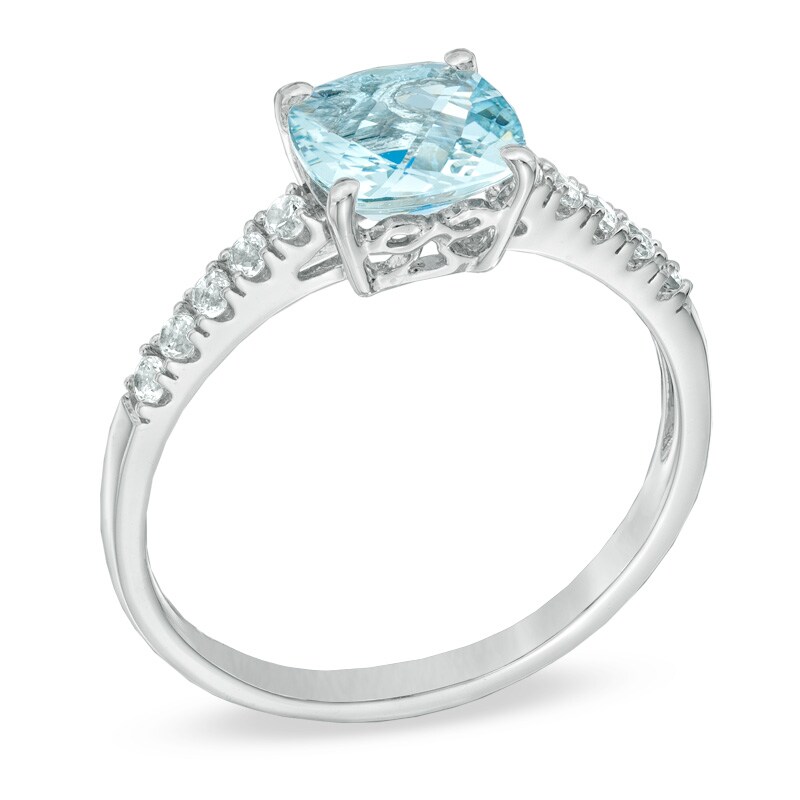 Main Image 2 of 7.0mm Cushion-Cut Aquamarine and Lab-Created White Sapphire Ring in Sterling Silver