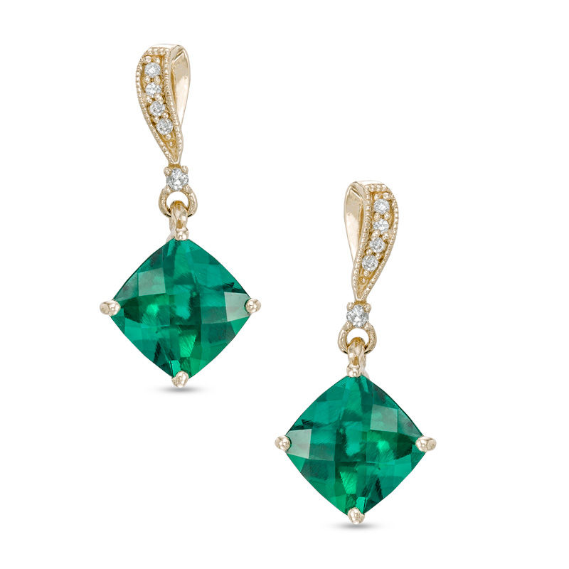 7.0mm Cushion-Cut Lab-Created Emerald and Diamond Accent Drop Earrings in 10K Gold