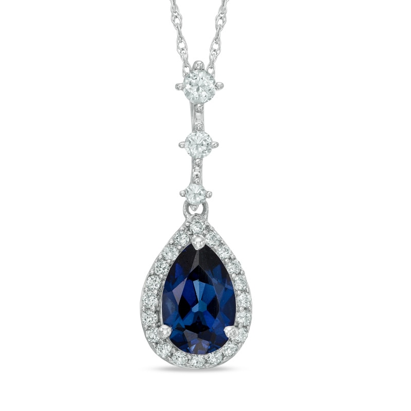 Main Image 1 of Pear-Shaped Blue and White Lab-Created Sapphire Frame Pendant in 10K White Gold