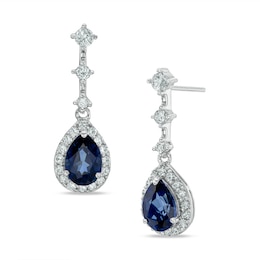 Pear-Shaped Blue and White Lab-Created Sapphire Frame Drop Earrings in 10K White Gold