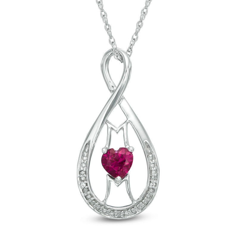 5.0mm Heart-Shaped Lab-Created Ruby and Diamond Accent "MOM" Infinity Pendant in Sterling Silver|Peoples Jewellers