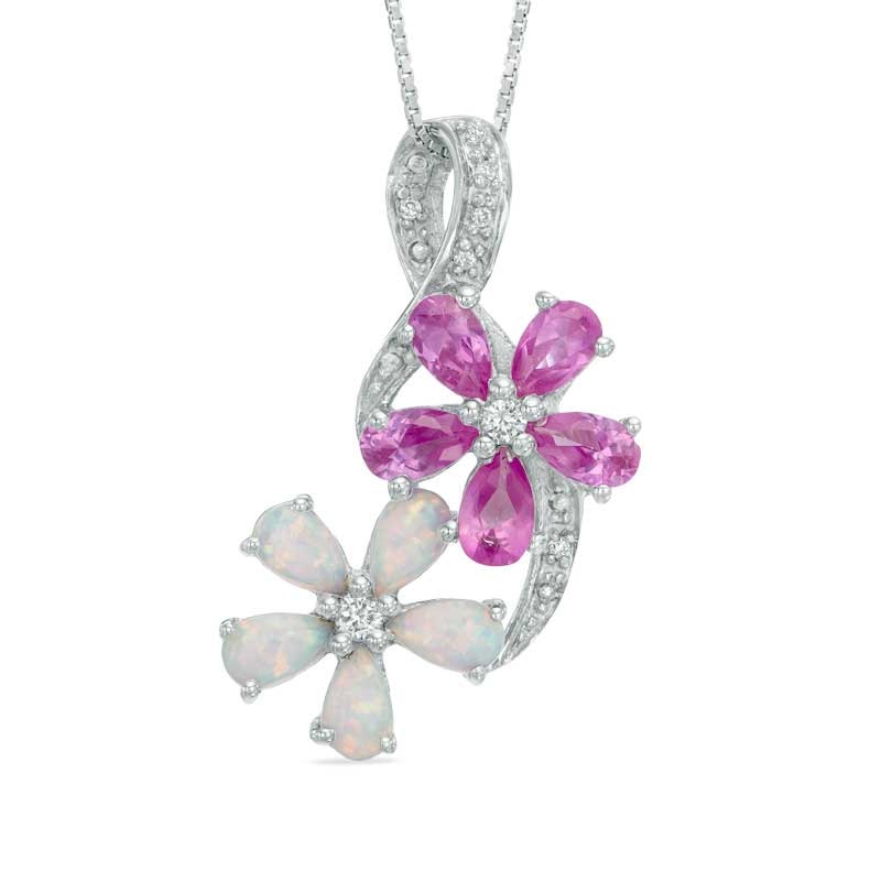 Pear-Shaped Lab-Created Opal and Pink and White Sapphire Flower Pendant in Sterling Silver