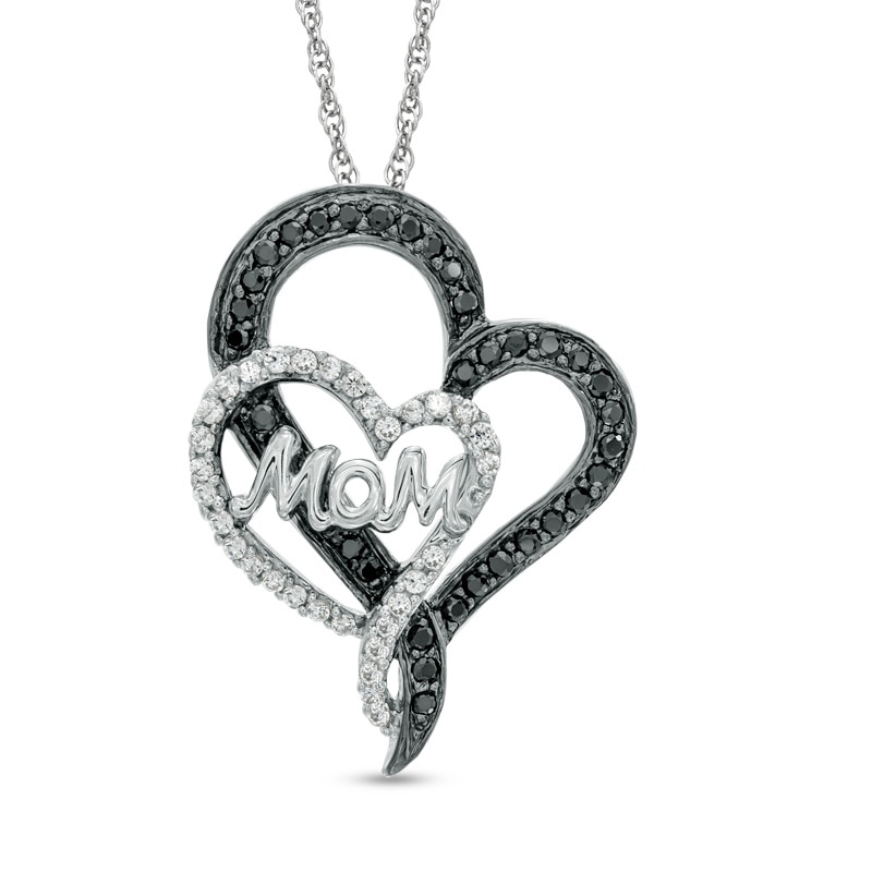 0.40 CT. T.W. Enhanced Black and White Diamond Double Heart "Mom" Pendant in Sterling Silver