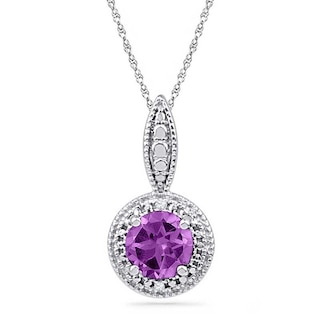 6.5mm Amethyst and Diamond Accent Frame Pendant in Sterling Silver