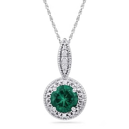 6.5mm Lab-Created Emerald and Diamond Accent Frame Pendant in Sterling Silver