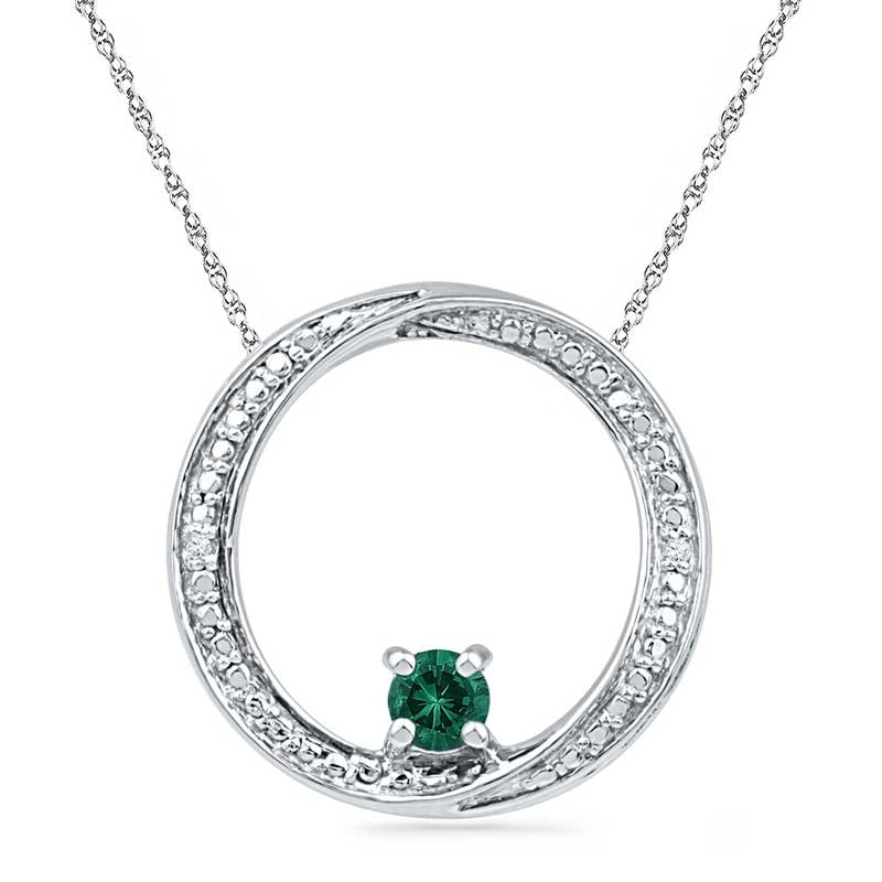 4.0mm Lab-Created Emerald and Diamond Accent Swirl Circle Pendant in Sterling Silver