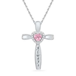 Heart-Shaped Lab-Created Pink Sapphire and Diamond Accent Cross Pendant in Sterling Silver (6 Characters)
