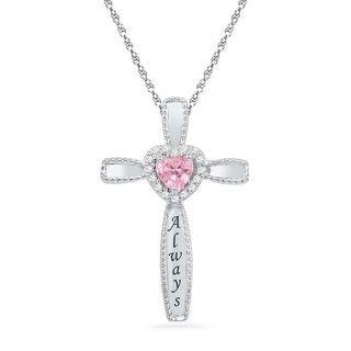 Heart-Shaped Lab-Created Pink Sapphire and Diamond Accent Cross Pendant in Sterling Silver (6 Characters)