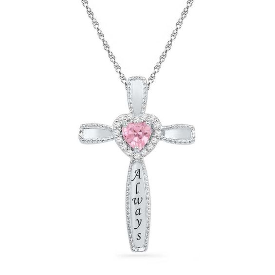 Heart-Shaped Lab-Created Pink Sapphire and Diamond Accent Cross Pendant in Sterling Silver (6 Characters)