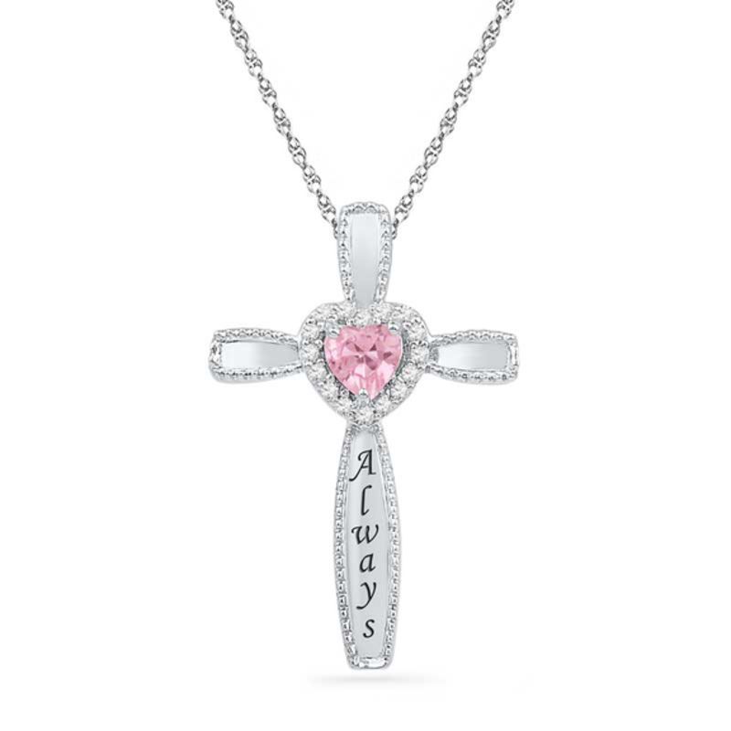 Main Image 1 of Heart-Shaped Lab-Created Pink Sapphire and Diamond Accent Cross Pendant in Sterling Silver (6 Characters)