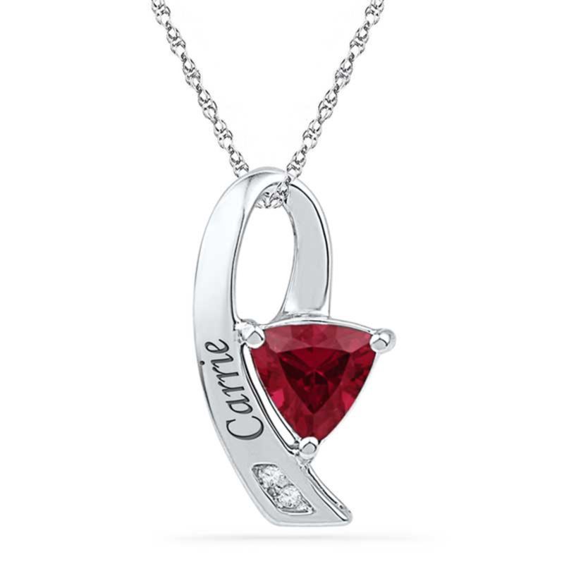 5.5mm Trillion-Cut Lab-Created Ruby and Diamond Accent Ribbon Pendant in Sterling Silver (6 Characters)