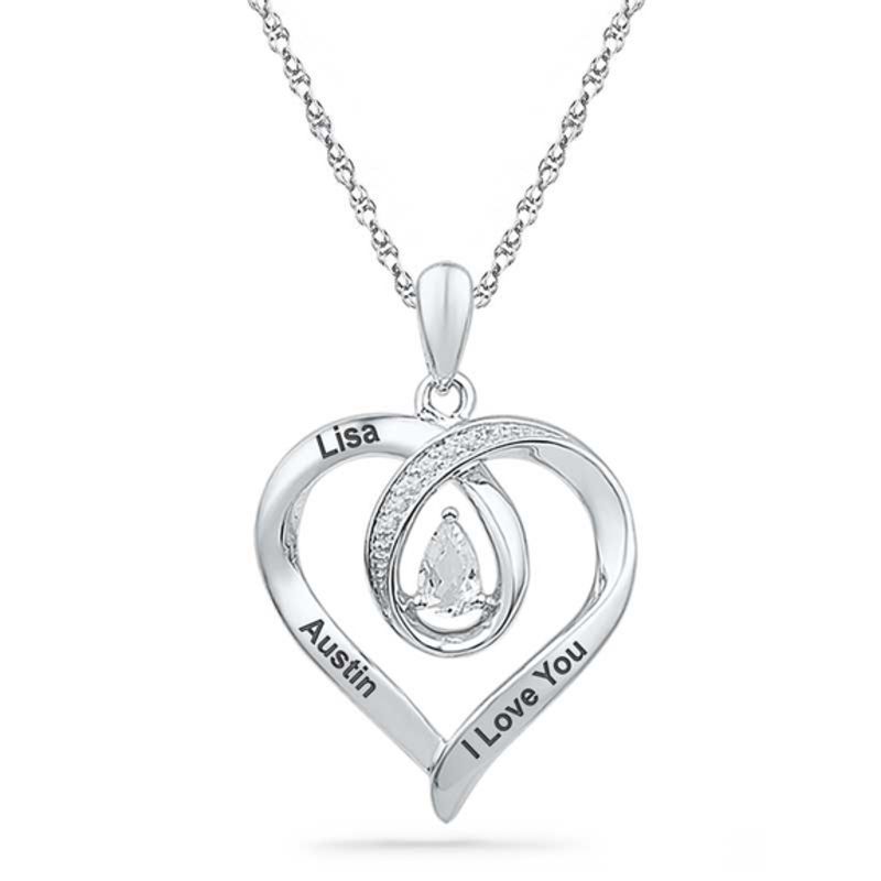 Pear-Shaped White Lab-Created Sapphire and Diamond Accent Looping Heart Pendant in Sterling Silver (3 Lines)