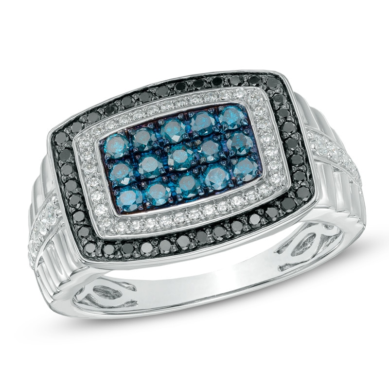 Men's 1.00 CT. T.W. Enhanced Black, Blue and White Diamond Ring in 10K White Gold