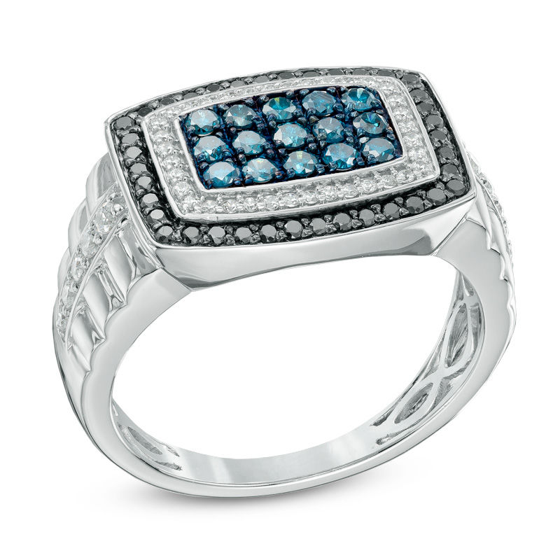 Men's 1.00 CT. T.W. Enhanced Black, Blue and White Diamond Ring in 10K White Gold