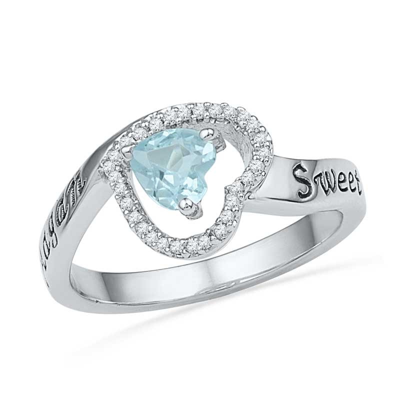 Main Image 1 of 5.5mm Heart-Shaped Aquamarine and 1/10 CT. T.W. Diamond Heart Promise Ring in Sterling Silver (2 Names)