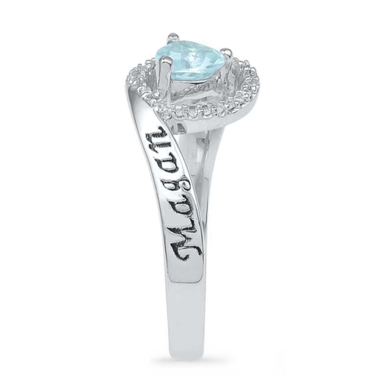 Main Image 2 of 5.5mm Heart-Shaped Aquamarine and 1/10 CT. T.W. Diamond Heart Promise Ring in Sterling Silver (2 Names)