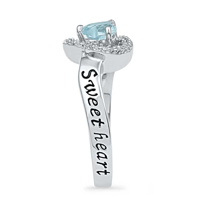 Main Image 3 of 5.5mm Heart-Shaped Aquamarine and 1/10 CT. T.W. Diamond Heart Promise Ring in Sterling Silver (2 Names)