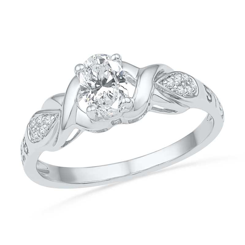 Oval White Lab-Created Sapphire and Diamond Accent Promise Ring in Sterling Silver (2 Lines)