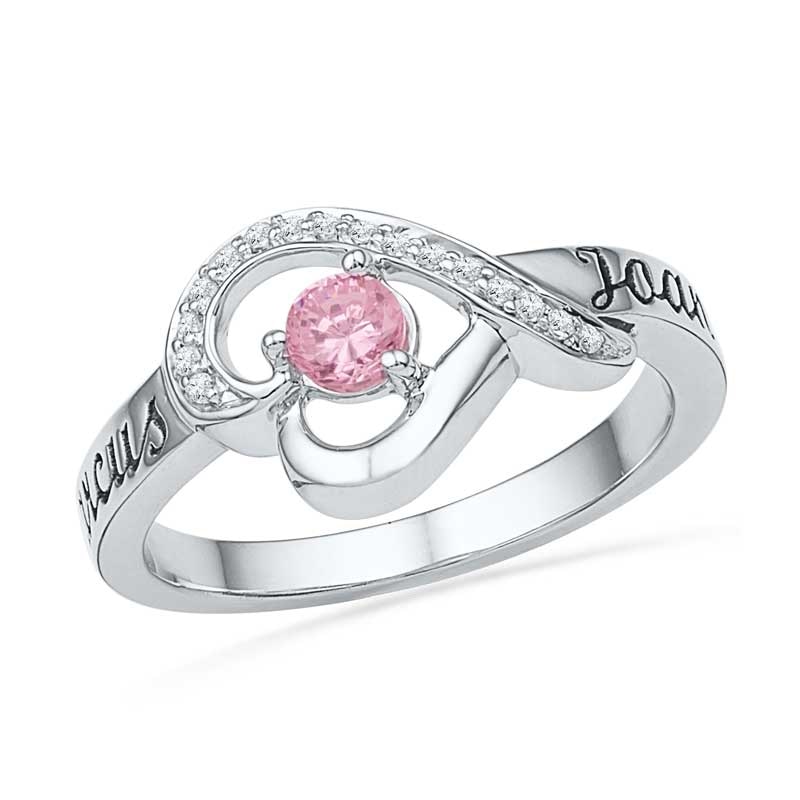 4.0mm Lab-Created Pink Sapphire and Diamond Accent Heart Promise Ring in Sterling Silver (2 Names)