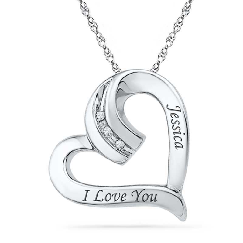 Main Image 1 of Diamond Accent Tilted Heart Pendant in Sterling Silver (2 Lines)