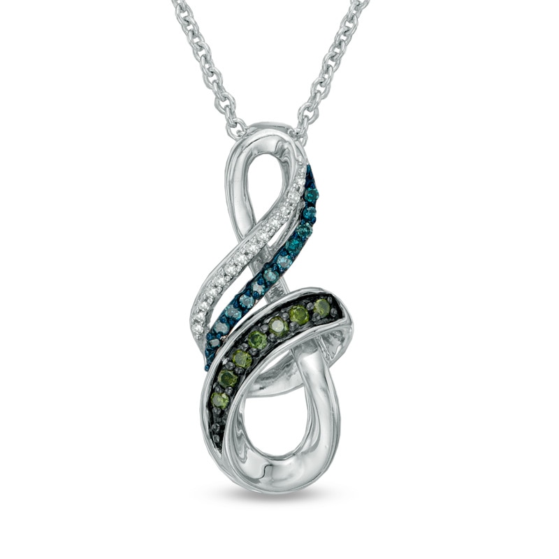 0.10 CT. T.W. Enhanced Blue, Green and White Diamond Ribbon Wrapped Infinity Pendant in Sterling Silver