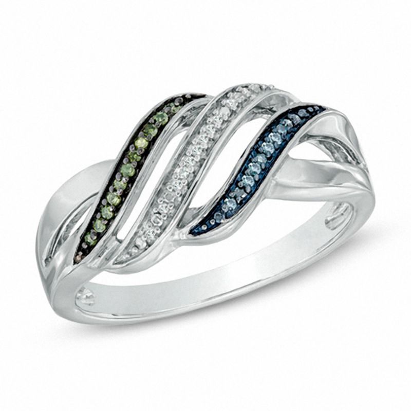 Enhanced Blue, Green and White Diamond Accent Waves Ring in Sterling Silver