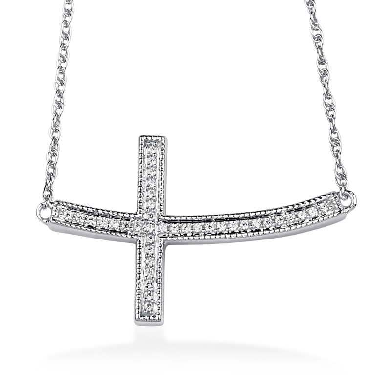 0.10 CT. T.W. Diamond Curved Sideways Cross Necklace in Sterling Silver