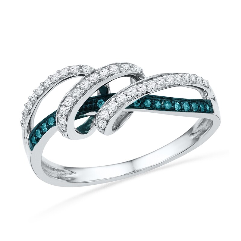 0.25 CT. T.W. Enhanced Blue and White Diamond Looping Ribbon Ring in 10K White Gold