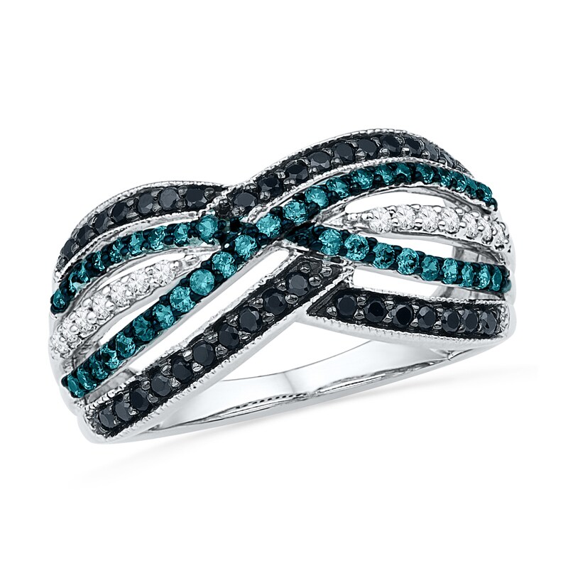 0.63 CT. T.W. Enhanced Black, Blue and White Diamond Layered Crossover Ring in 10K White Gold