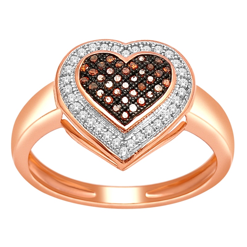 0.20 CT. T.W. Enhanced Cognac and White Diamond Heart Frame Ring in 10K Rose Gold