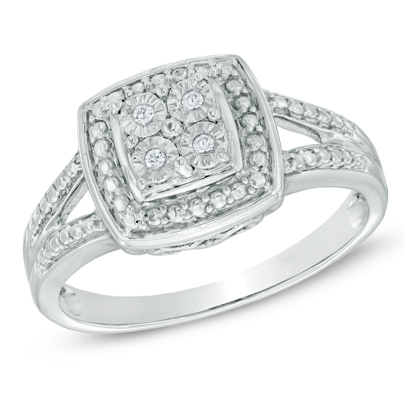 Main Image 1 of Quad Diamond Accent Frame Split Shank Promise Ring in Sterling Silver