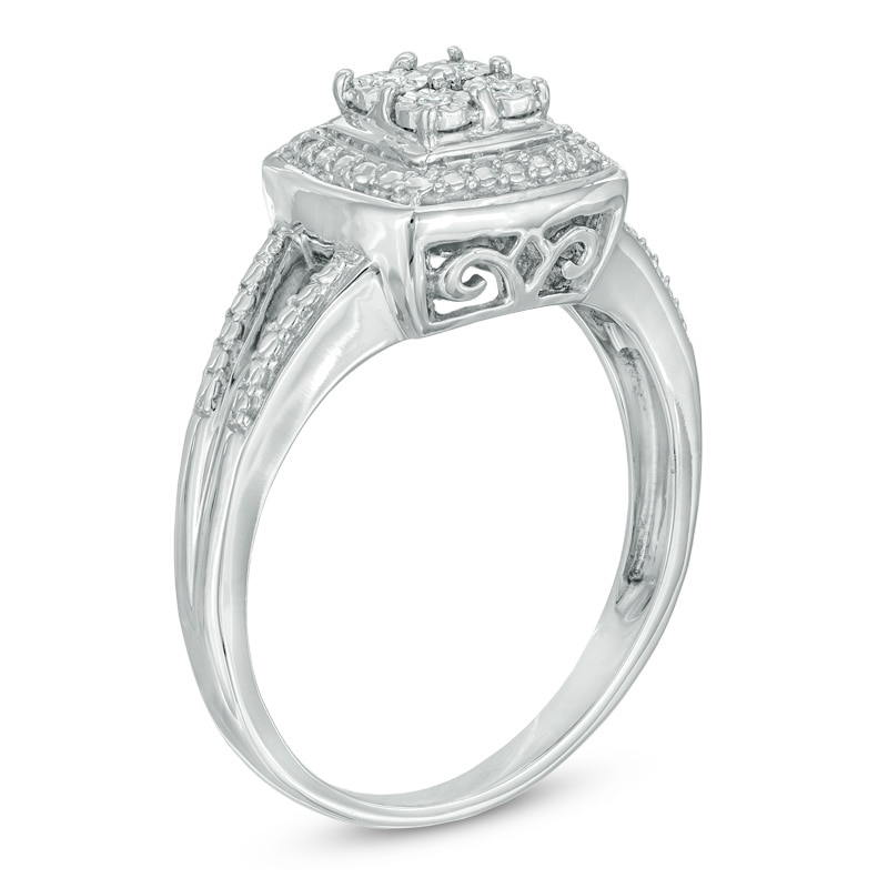 Quad Diamond Accent Frame Split Shank Promise Ring in Sterling Silver