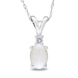 Oval Opal and Diamond Accent Pendant in 10K White Gold - 17&quot;